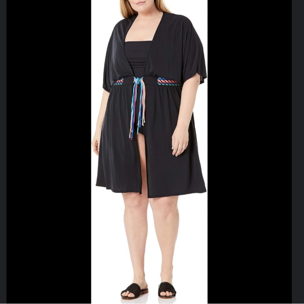 LA BLANCA Womens Belted Kimono Swimsuit Cover in Up Black Moon Macrame Solids XS